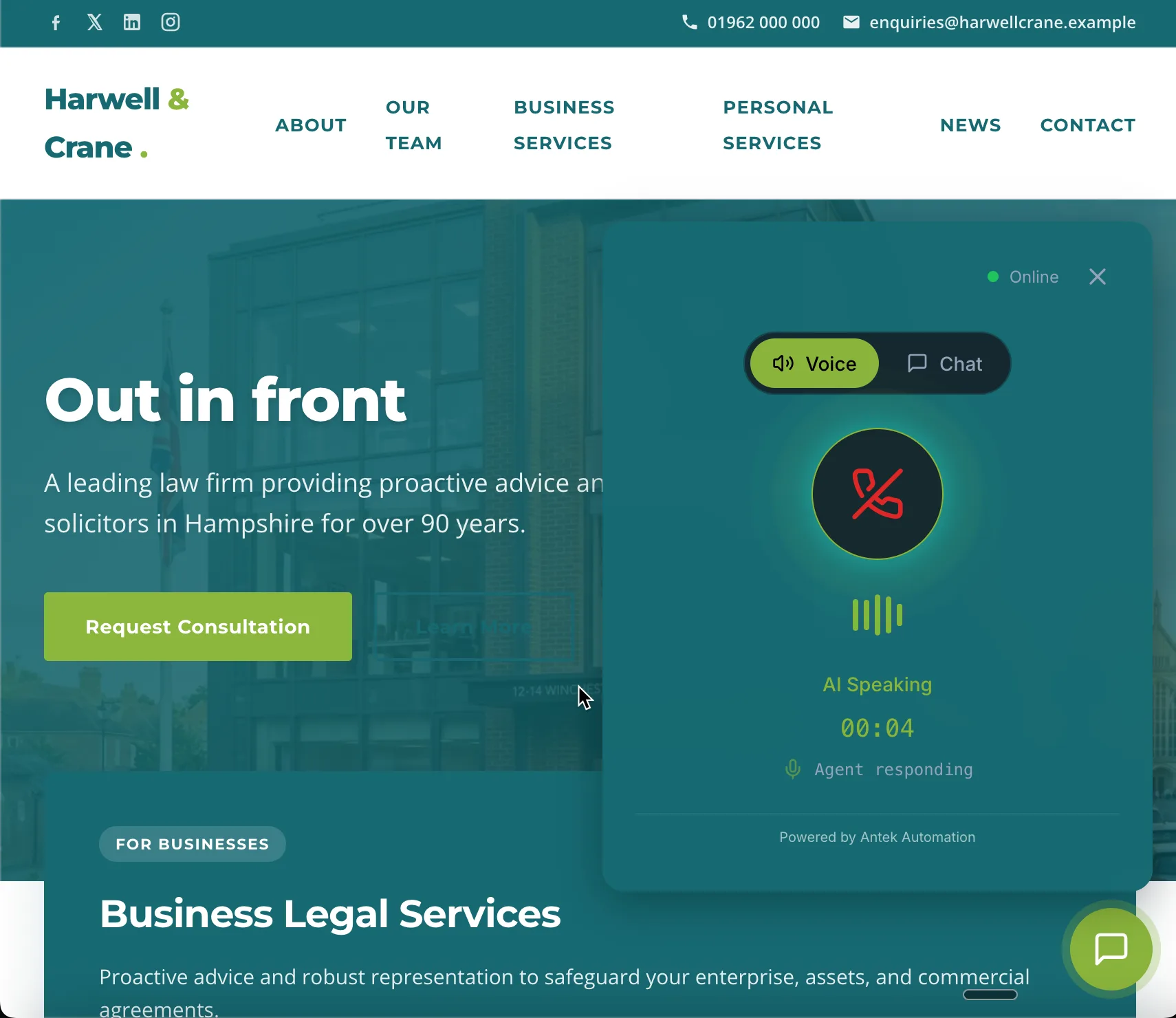 The AI voice and chat reception stack deployed on a live UK law firm